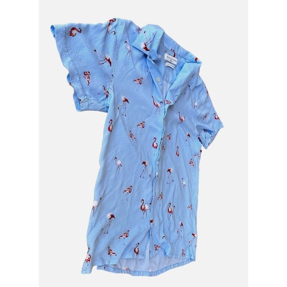VTG Flamingo Shirt Medium Nickel Iron Blue Front Button Hawaiian Cruise … - Picture 2 of 12